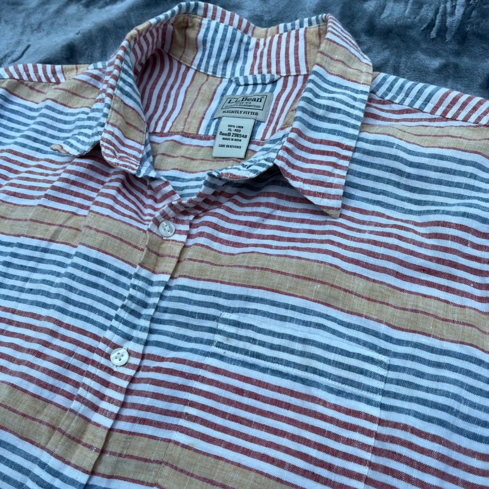 LL Bean Mens XL Regular 100% Linen Short Sleeve Striped Button Down Shirt Red